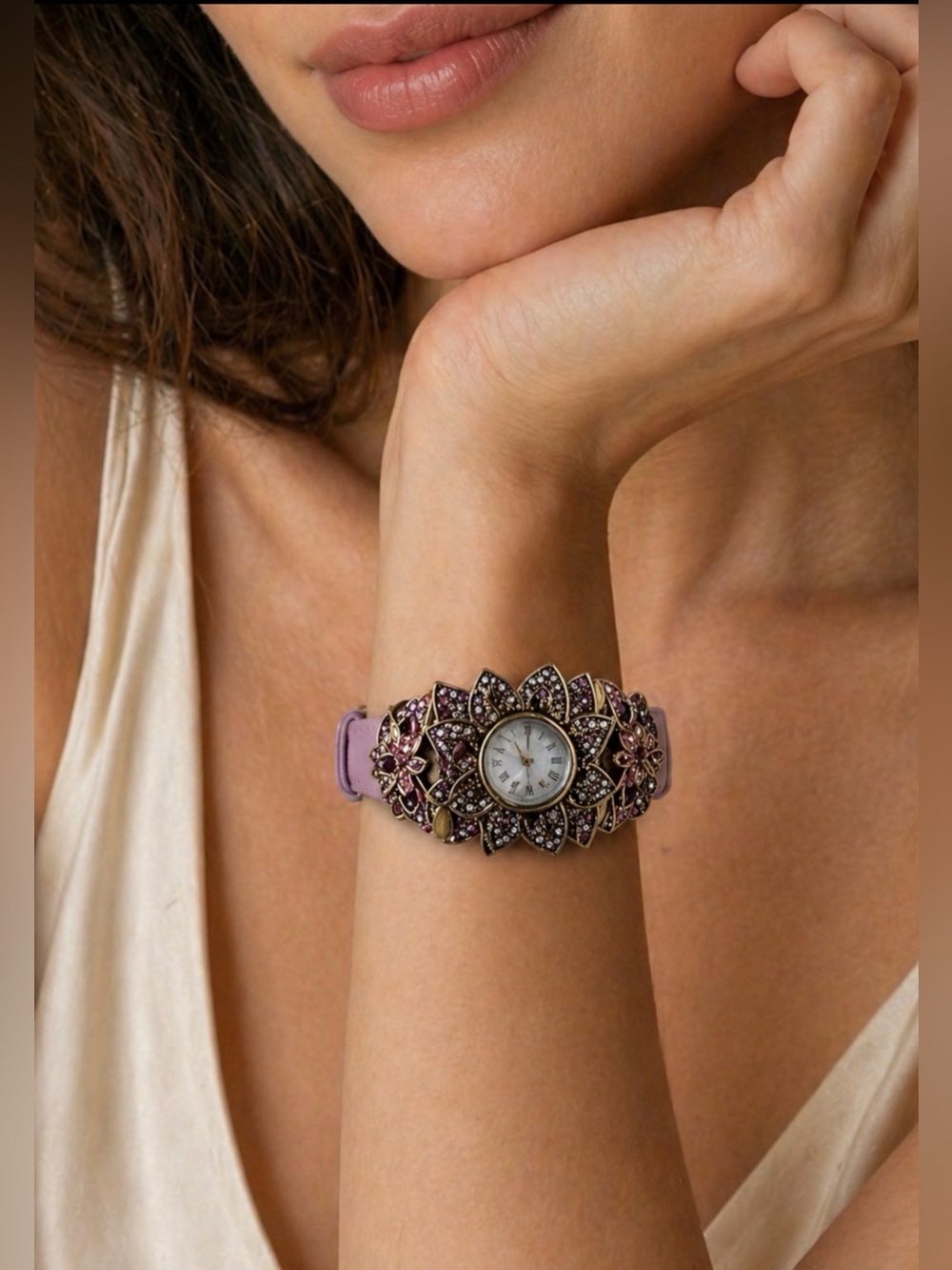 Heidi Daus Bracelet Watch Floral Watch w Leather Strap with Swarovski Crystals - Picture 3 of 10